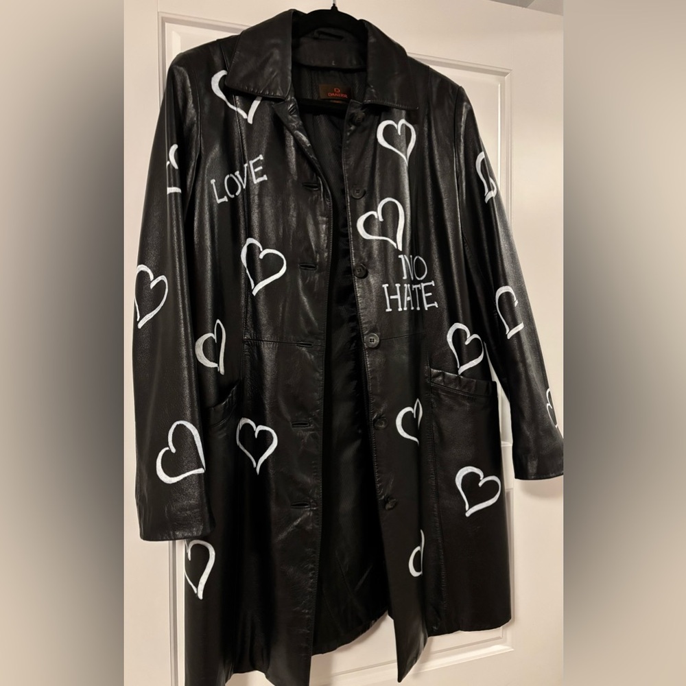 Danier Black Leather Jacket with White Heart Motifs - Picture 3 of 8
